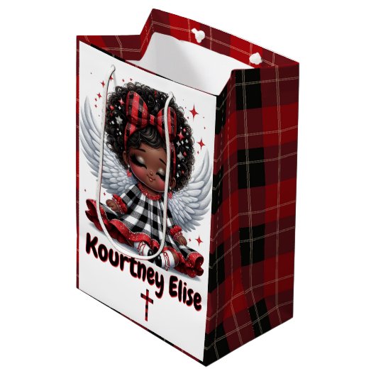 キュートアフロエンジェル小さな女の子レッド&ブラッククリスマス ミディアムペーパーバッグ (正面アングル)