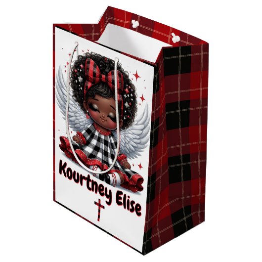 キュートアフロエンジェル小さな女の子レッド&ブラッククリスマス ミディアムペーパーバッグ (裏面アングル)