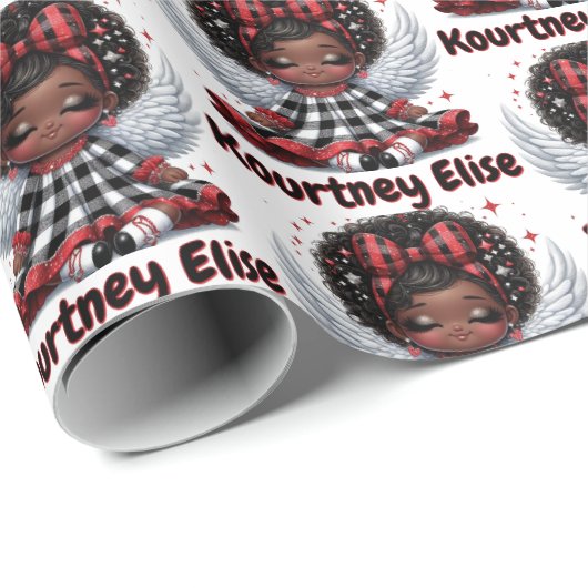 キュートアフロエンジェル小さな女の子レッド&ブラッククリスマス ラッピングペーパー (ロールコーナー)