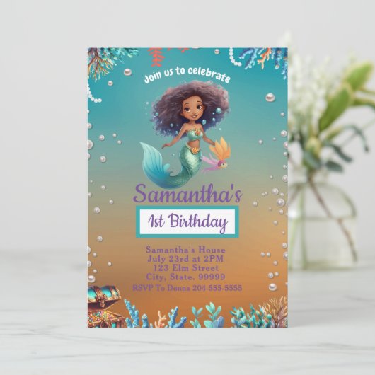 キュートアフロマーメイド誕生日招待状 子供へ 招待状 (スタンド正面)