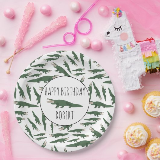 キュートアリゲーターワニ模様名前をカスタムする ペーパープレート (パーティー)