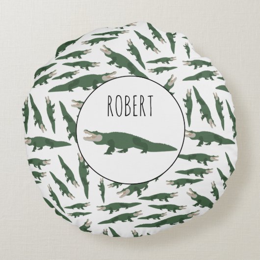 キュートアリゲーターワニ模様名前をカスタムする ラウンドクッション (裏面)