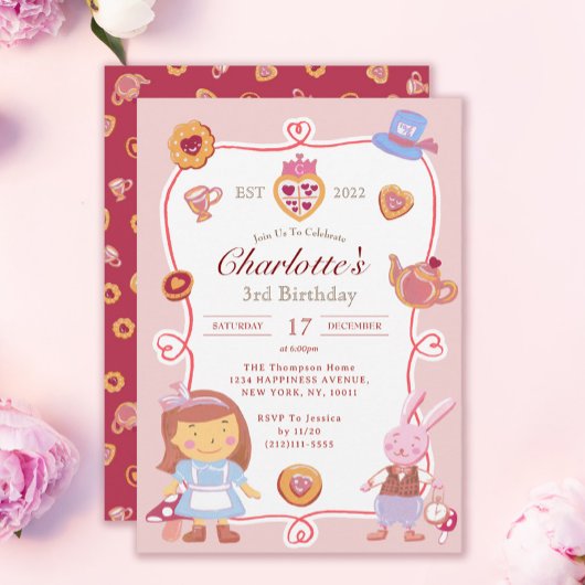 キュートアリスティーピンクパーティー誕生日招待状 招待状