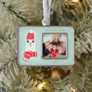 キュートアルパカベビー初めてのクリスマスカスタム写真 シルバープレートフレームオーナメント