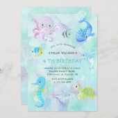 キュートアンダーザシーウォーター色誕生日招待状 招待状 (正面/裏面)