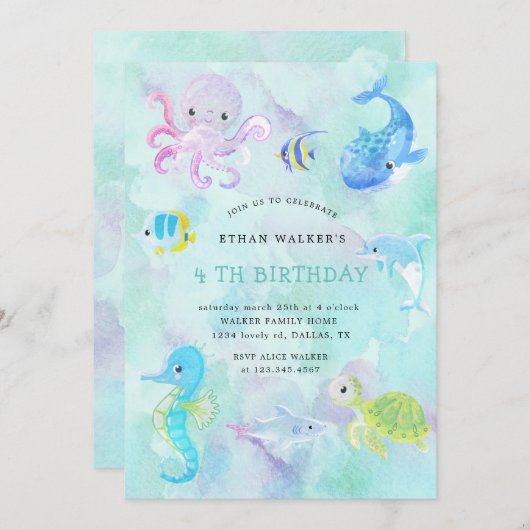 キュートアンダーザシーウォーター色誕生日招待状 招待状 (正面/裏面)