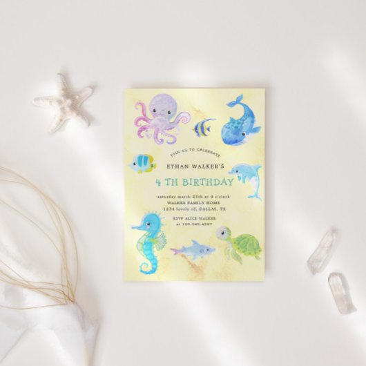 キュートアンダーザシーウォーター色誕生日招待状 招待状