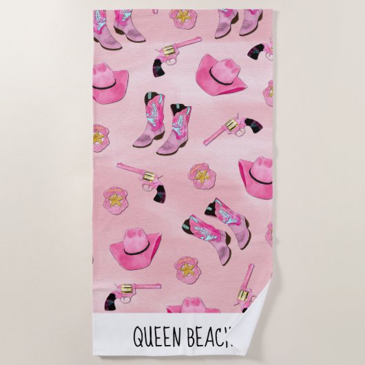 キュートアートピガーリーンクティール（緑がかった色）女性のカーボーイ水彩 ビーチタオル (正面)