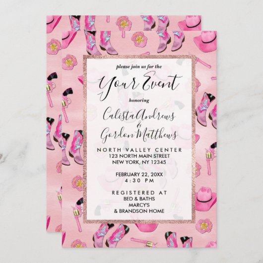 キュートアートピガーリーンクティール(緑がかった色)女性のカーボーイ水彩 招待状 (正面/裏面)