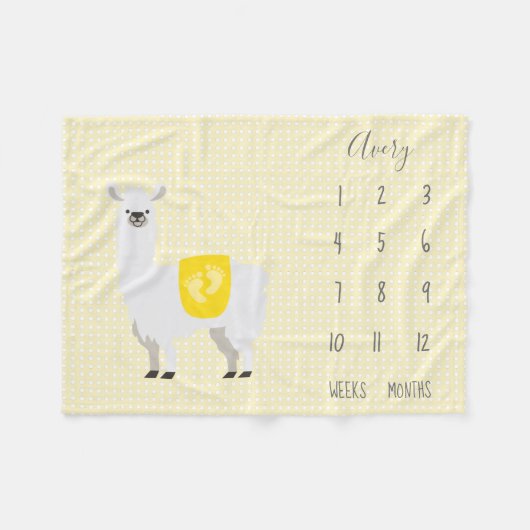 キュートイエロラマ水玉模様ベビーマイルストーン フリースブランケット (正面(横))