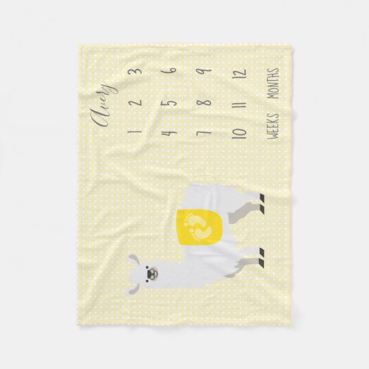 キュートイエロラマ水玉模様ベビーマイルストーン フリースブランケット (正面)