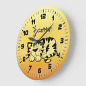 キュートイエローキティキャット昼寝ウォール時計 ラージ壁時計 (傾斜)