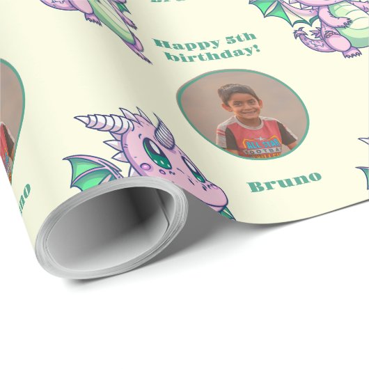 キュートイエローグリーンチビ（小さくかわいく書いた感じ）ドラゴンカスタムフォト文字 ラッピングペーパー (ロールコーナー)