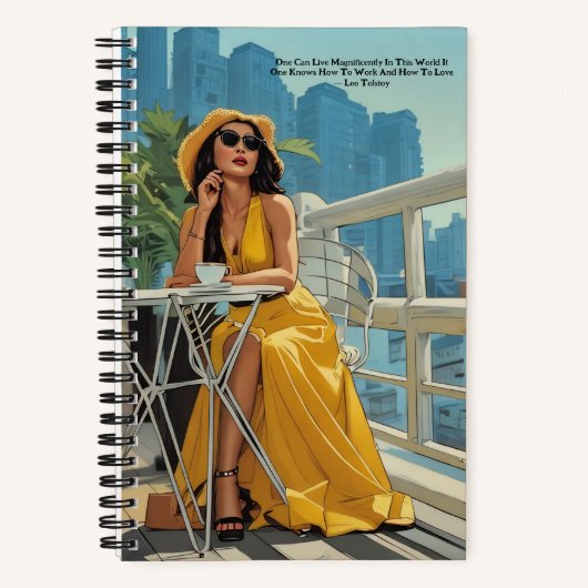 キュートイエロードレスコーヒーレオトルストイ引用文ジャーナル ノートブック (正面)