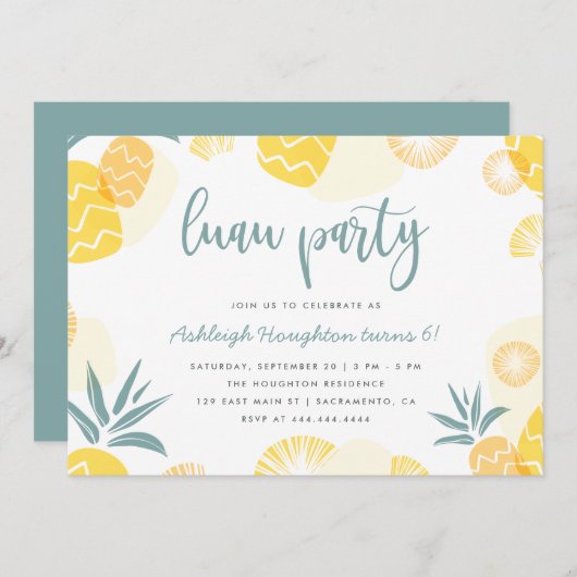 キュートイエローパイナップルルアウ(ハワイ式宴会)誕生日パーティー 招待状 (正面/裏面)