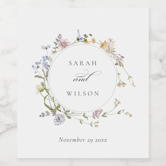 キュートイエローメド素朴フローラリース結婚ズ ワインラベル (シングルラベル)