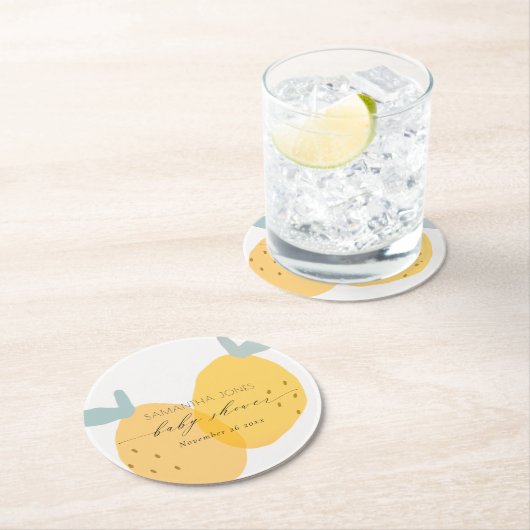 キュートイエローレモンフルーティー柑橘系ベビーシャワー ラウンドペーパーコースター (インサイチュ)