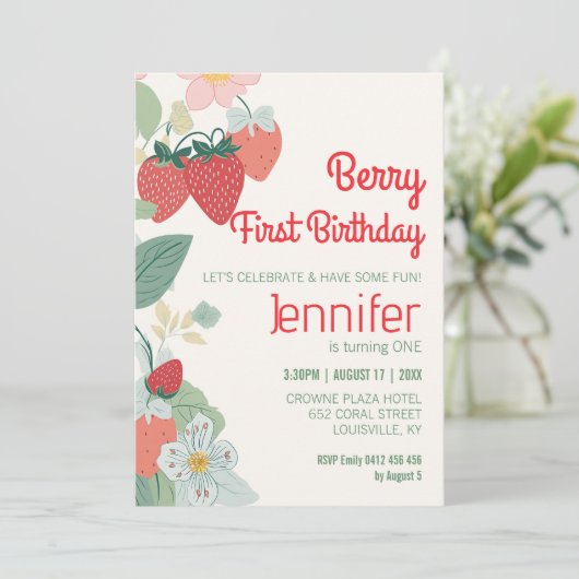 キュートイチゴテーマカスタムベリーファースト誕生日 招待状 (スタンド正面)