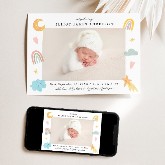 キュートインザクラウドレインボー&スターズ写真誕生 案内状