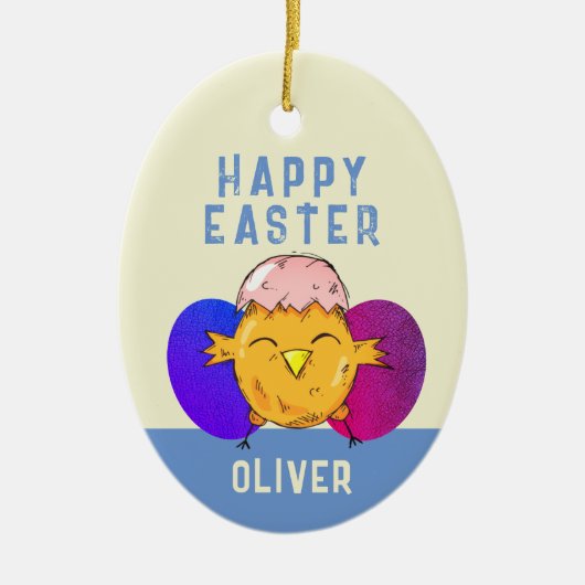 キュートイースターシックアンドエッグハッピーイースター セラミックオーナメント (正面)