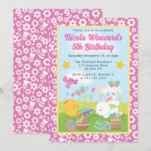 キュートイースターバニーとシック春子供の誕生日 招待状 (正面/裏面)