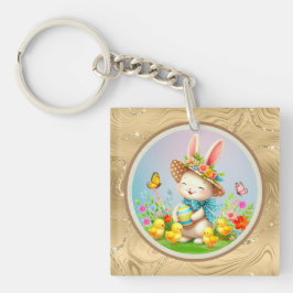 キュートイースターバニーとハッピー春の花休日 キーホルダー