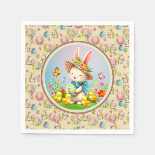 キュートイースターバニーとハッピー春の花休日 スタンダードカクテルナプキン (正面)