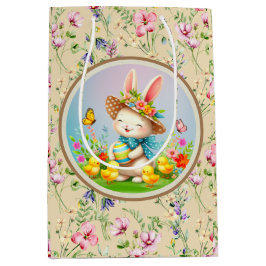 キュートイースターバニーとハッピー春の花休日 ミディアムペーパーバッグ