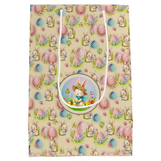 キュートイースターバニーとハッピー春の花休日 ミディアムペーパーバッグ (裏面)