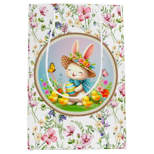 キュートイースターバニーとハッピー春の花休日 ミディアムペーパーバッグ (正面)