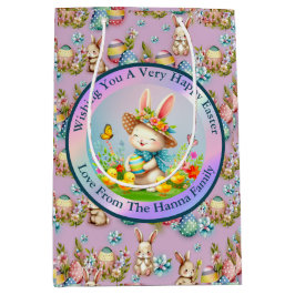 キュートイースターバニーとハッピー春の花休日 ミディアムペーパーバッグ