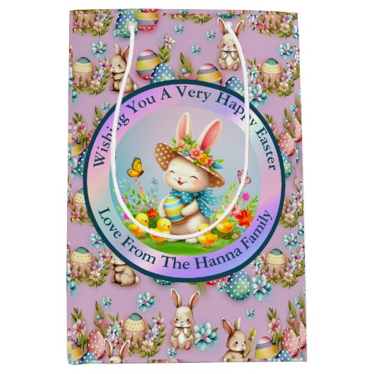 キュートイースターバニーとハッピー春の花休日 ミディアムペーパーバッグ (正面)