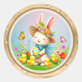 キュートイースターバニーとハッピー春の花休日 ラウンドシール