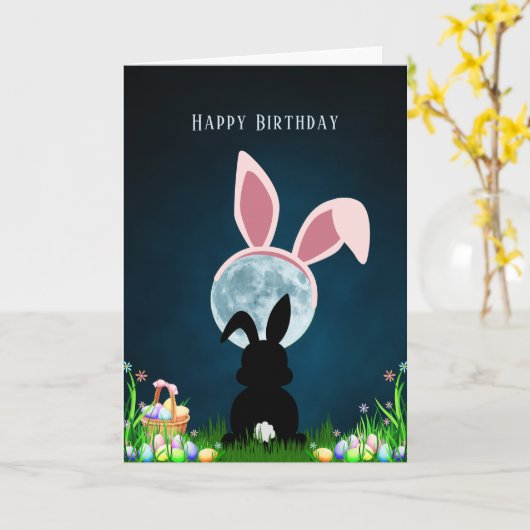キュートイースターバニーとフルムーンハッピーバースデー カード (黄色い花)