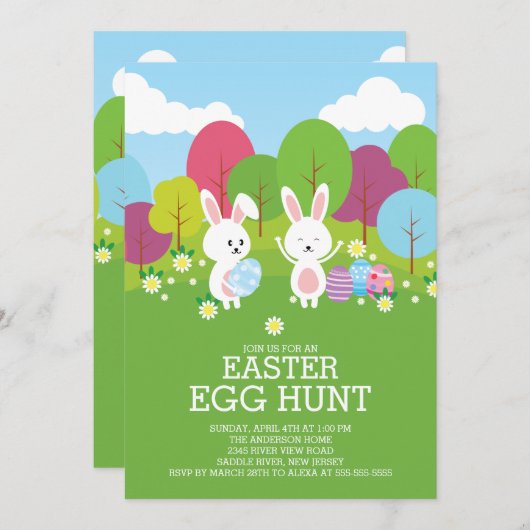 キュートイースターバニーエッグ狩りイースターパーティの招待状 招待状 (正面/裏面)