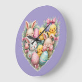 キュートイースターバニーズアンドシックスパステルコテージコア ラージ壁時計 (傾斜)