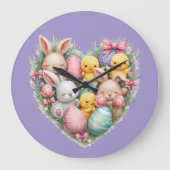 キュートイースターバニーズアンドシックスパステルコテージコア ラージ壁時計 (正面)
