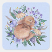 キュートイースターバニーパープル花模様ナプキンス スクエアシール (正面)