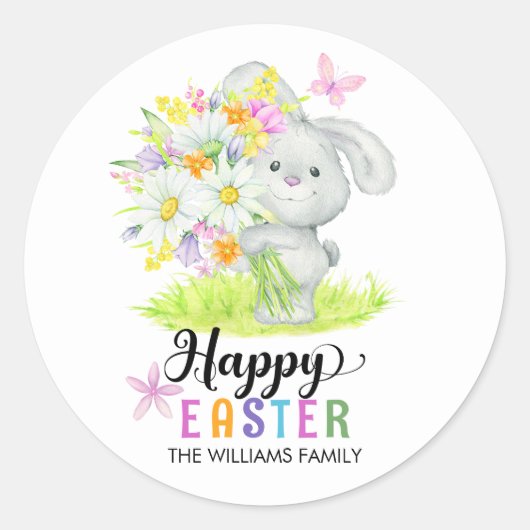 キュートイースターバニー春の花タイポグラフィ ラウンドシール (正面)