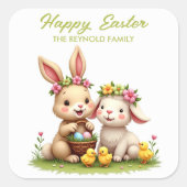 キュートイースターバニー&ラム | チックスと春の花 スクエアシール (正面)