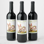 キュートイースターバニー&ラム | 春の花とチックス ワインラベル (ボトル)