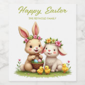 キュートイースターバニー&ラム | 春の花とチックス ワインラベル (シングルラベル)