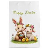 キュートイースターラム&バニー | 春の花とチックス ミディアムペーパーバッグ (正面)