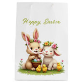 キュートイースターラム&バニー | 春の花とチックス ミディアムペーパーバッグ (裏面)