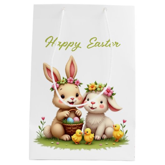 キュートイースターラム&バニー | 春の花とチックス ミディアムペーパーバッグ (裏面)