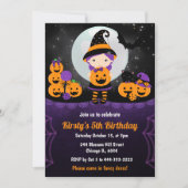 キュートウィッチガール&カボチャ子供の誕生日パーティー 招待状 (正面)