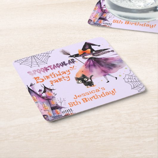 キュートウィッチスポオクタキュラー誕生日ハローウィンパーティ スクエアペーパーコースター (アングル)
