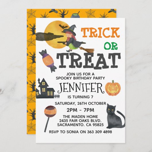 キュートウィッチハロウィーン誕生日招待状 招待状 (正面/裏面)