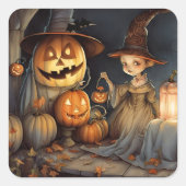 キュートウィッチパンプキンハロウィーンこうもり スクエアシール (正面)