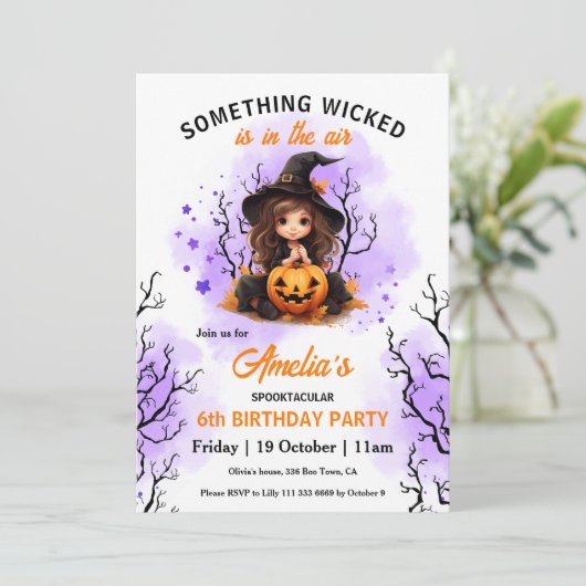 キュートウィッチパープルオレンジハロウィーン誕生日 招待状 (スタンド正面)
